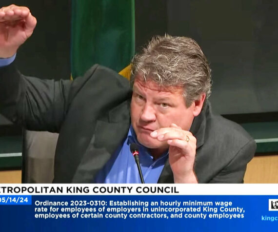 A screenshot of King County Councilmember Reagan Dunn speaking about a proposed amendment for the proposed $20 minimum wage ordinance. (Screenshot)